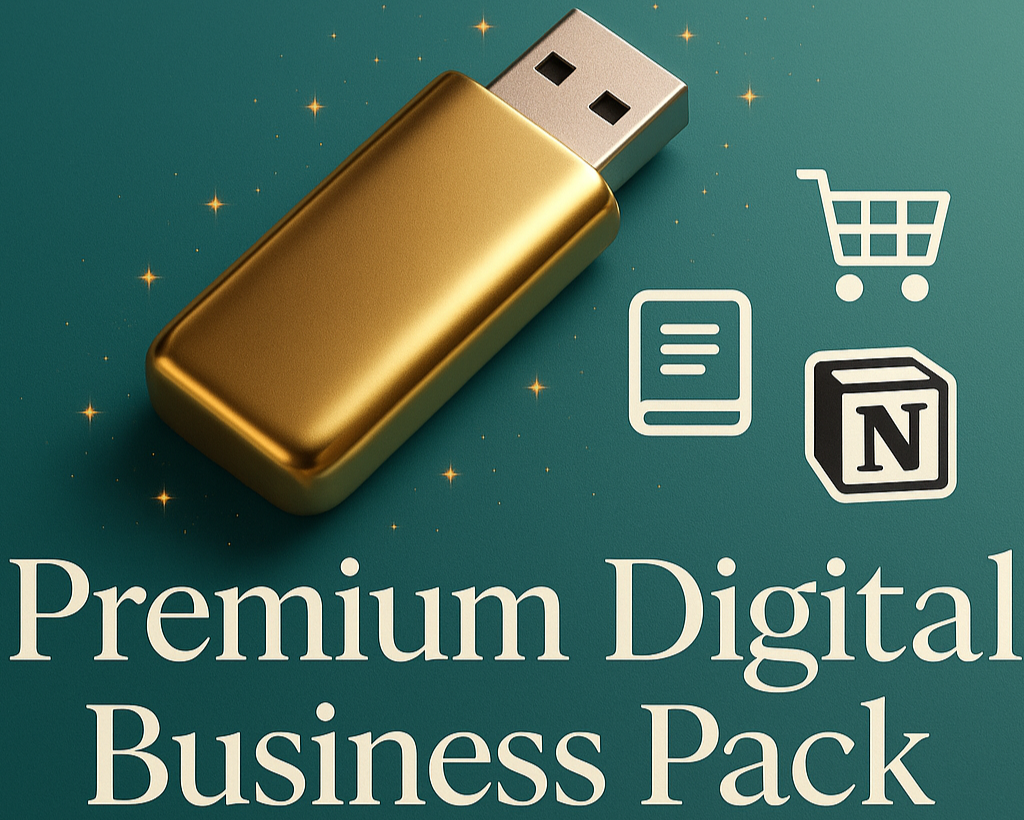Elegant USB with golden shine on teal gradient background, icons of shopping cart, ebook, and notion logo, sparkles around, clear text: Premium Digital Business Pack