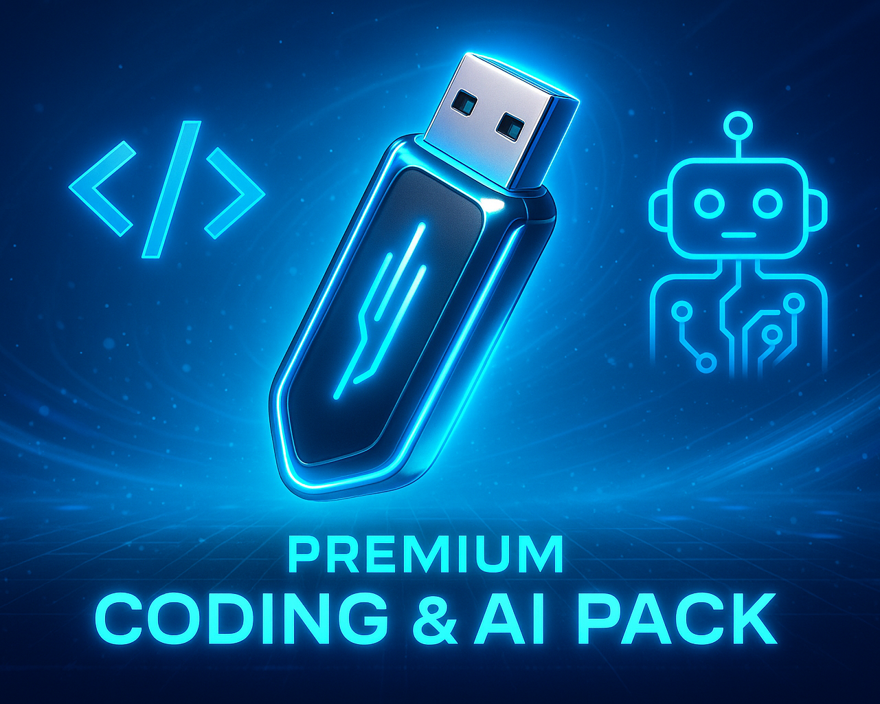 Futuristic USB floating on neon cyber blue background, holographic coding symbol </> and AI robot icon, glowing digital particles, bold text: Premium Coding & AI Pack