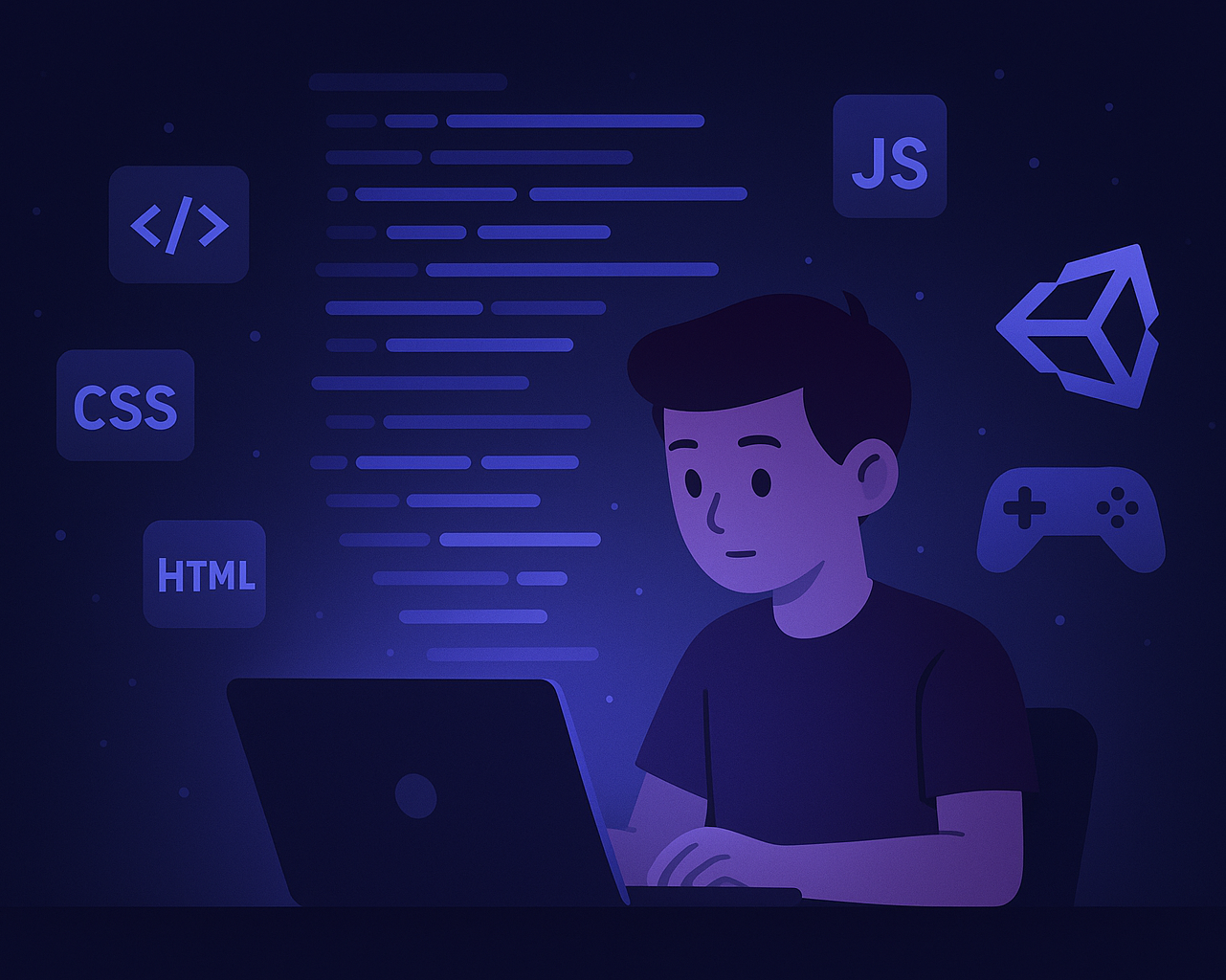 Young coder working on laptop with glowing lines of code around,
web development and game development icons floating,
dark mode futuristic vibe, minimal blue and purple tones,
flat design, clean modern illustration.