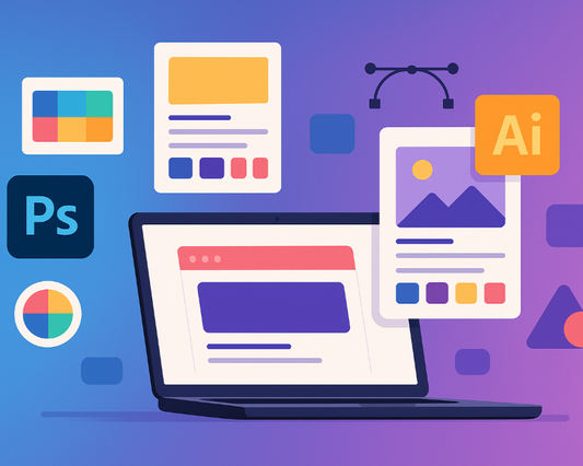 A creative workspace with laptop, colorful mockups, Photoshop and Illustrator icons floating,
modern digital art tools, gradient blue-purple background,
minimal but vibrant, flat design, professional e-learning illustration.
