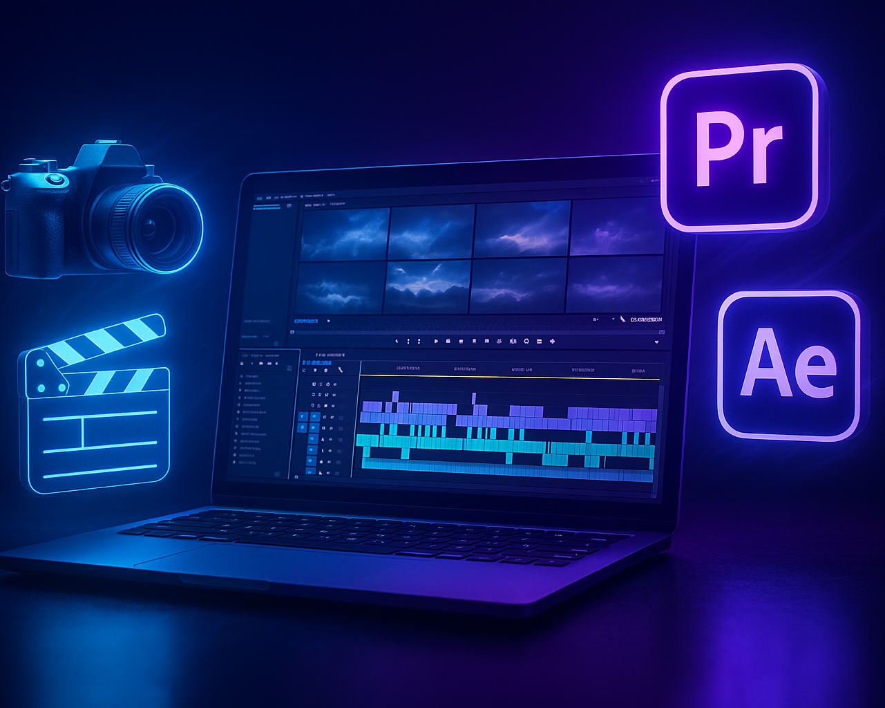 A glowing laptop screen showing a video editing timeline,
camera, film clapper, Premiere Pro and After Effects icons floating,
modern cinematic style, blue-purple neon lighting,
futuristic e-learning concept illustration.
