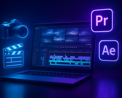 A glowing laptop screen showing a video editing timeline,
camera, film clapper, Premiere Pro and After Effects icons floating,
modern cinematic style, blue-purple neon lighting,
futuristic e-learning concept illustration.
