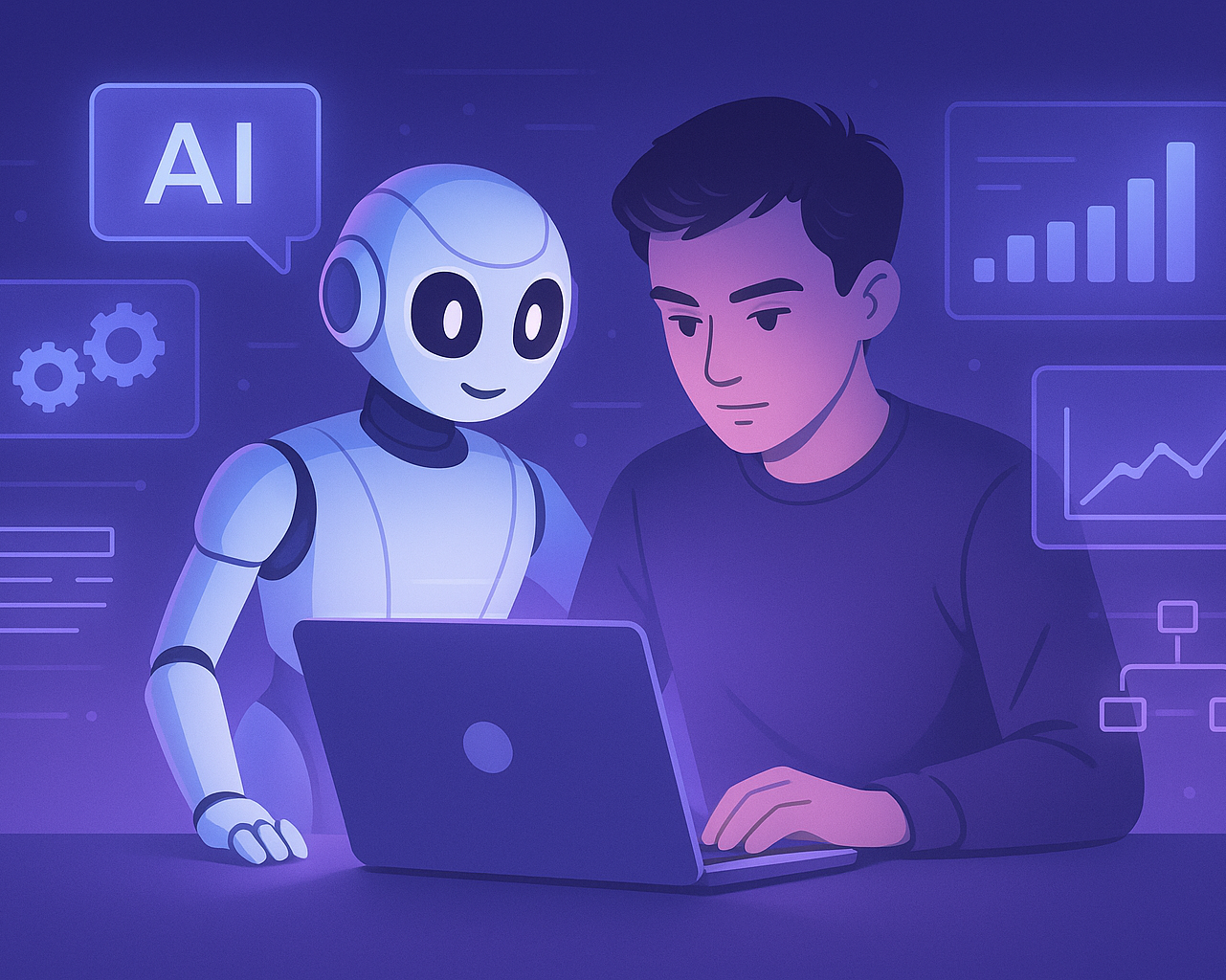 Futuristic robot assistant helping a student on a laptop,
AI prompts and charts glowing around,
automation and business icons floating,
sleek minimal tech style, purple and blue gradient,
professional e-learning concept art.
