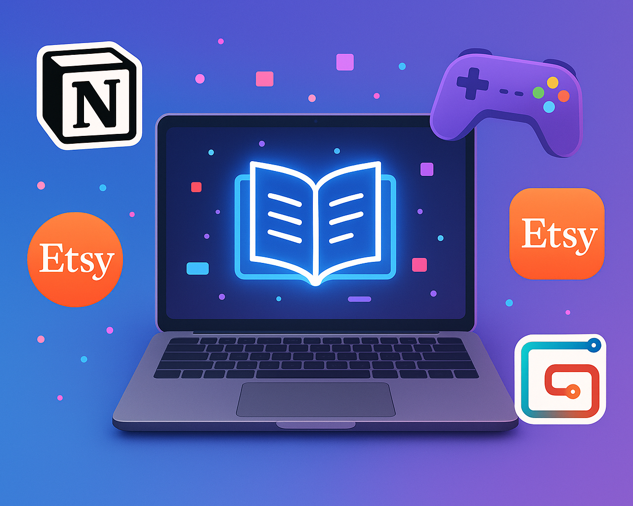 Laptop with glowing e-book icon, notion logo, gaming pad,
Etsy and Gumroad logos floating around,
colorful digital marketplace vibe,
minimal flat design, blue-purple gradient background.
