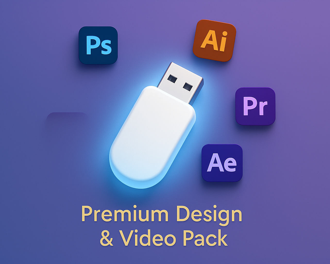 Minimal glowing USB on purple-blue gradient background, icons of Photoshop, Illustrator, Premiere Pro, After Effects, golden text label: Premium Design & Video Pack
