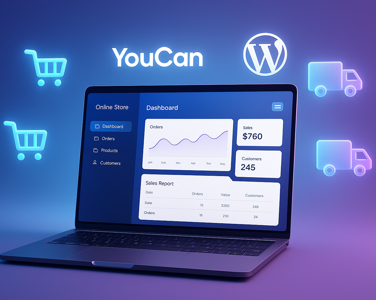 Online store dashboard on a laptop screen,
shopping cart and delivery icons floating,
YouCan and WordPress logos glowing,
modern digital marketing vibe, clean minimal design,
blue and purple futuristic tones.
